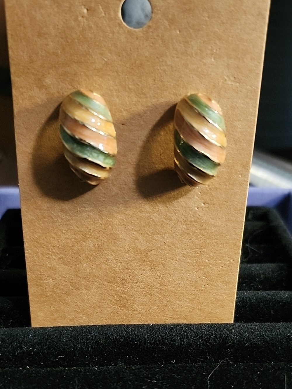 Vintage Gold-Tone Enamel Clip-On Earrings in Green and Peach